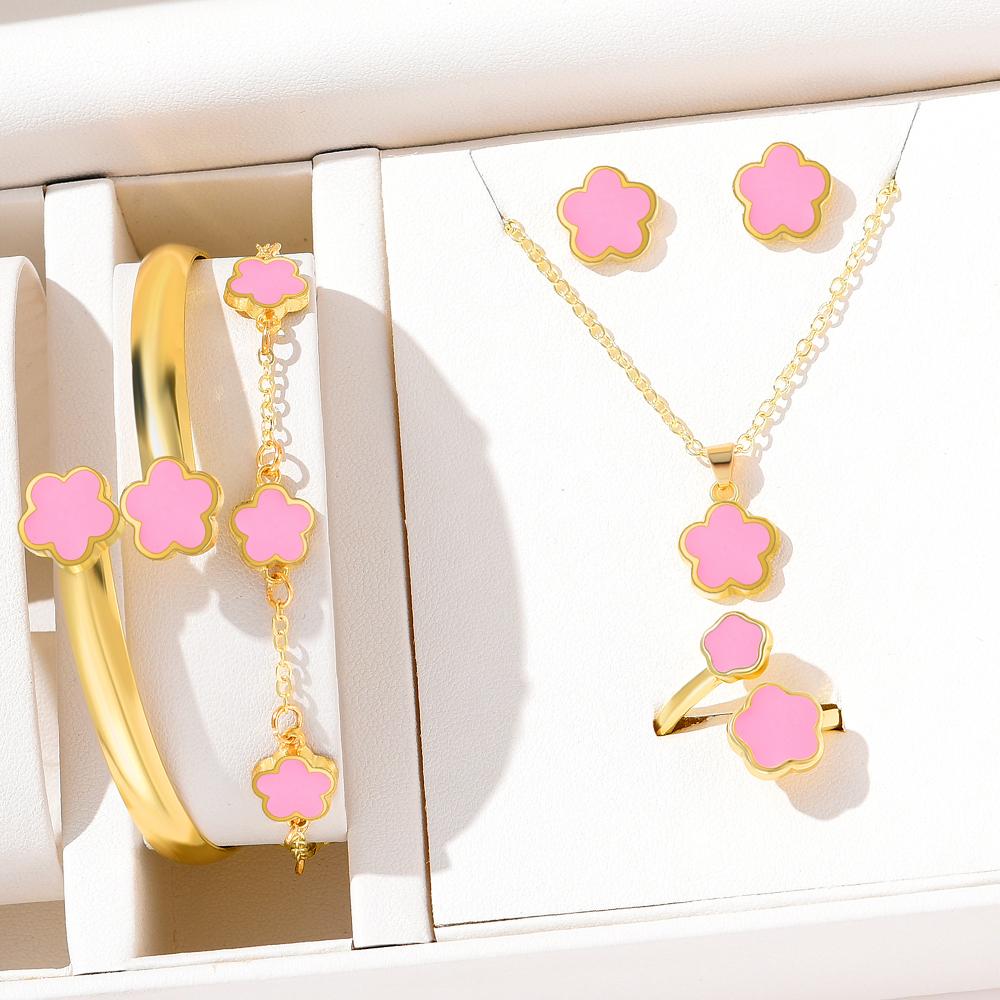 6pcs Lucky Five-petal Flower Women's Zircon Set, Fashion Flower Bracelet + Necklace + Earrings + Bracelet + Ring, Birthday, An