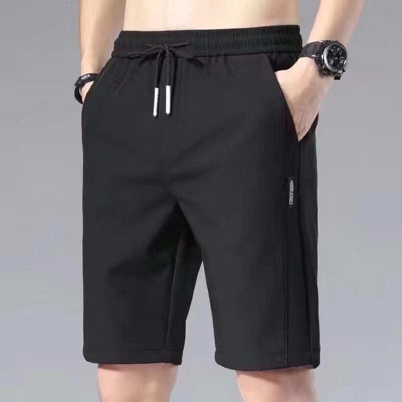 Summer Men's Casual Shorts Elastic Drawstring Waist Straight Wide Leg Shorts Pockets Ice Silk Solid Color Sport Shorts