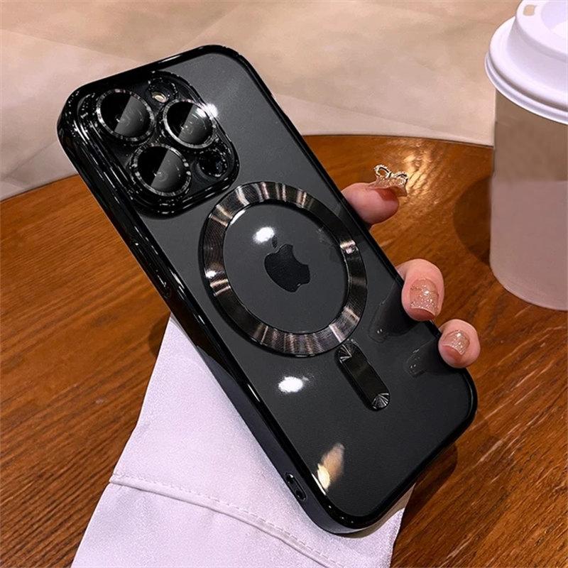 

Мягкий защитный чехол из ТПУ с полным покрытием объектива для iPhone 15 14 13 12 11 Pro Max Plus Magsafe, магнитный прозрачный чехол с беспроводной зарядкой iPhone 13 Pro Max чёрный