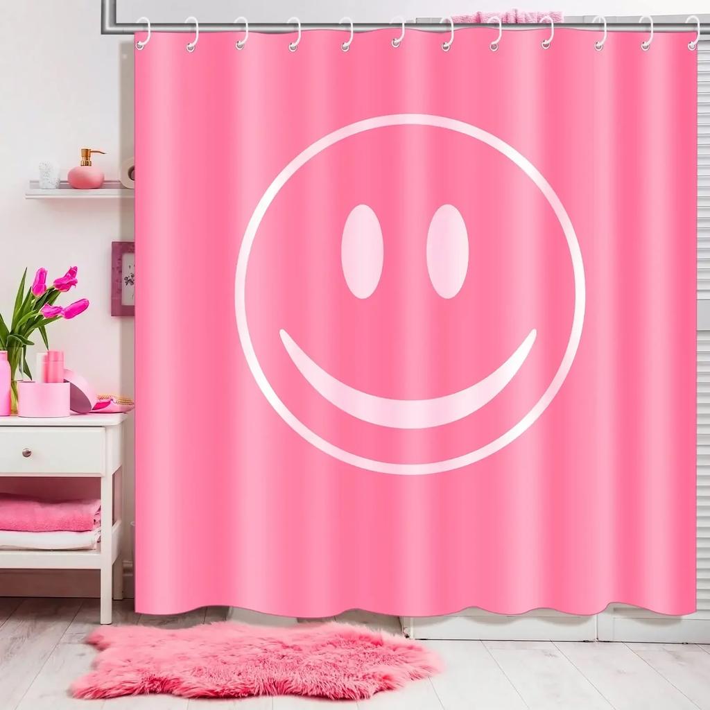 Retro Shower Curtain, 60S 70S Vintage Waterproof Polyester Fabric Bath Curtain Sets, Smile Face Pink Aesthetic Bathroom Curtains