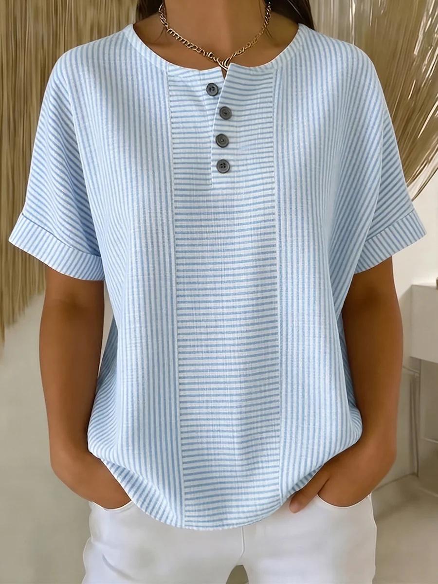 

Women s Short Sleeve Striped Shirt with Button Detail and Mixed Pattern S светло-синий