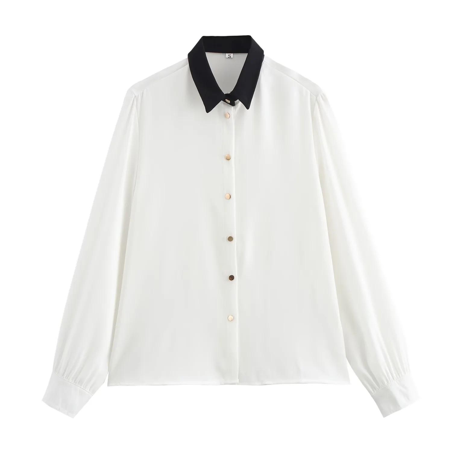 

Autumn European & American Style French Casual Patchwork Neckline Shirt Extra Small