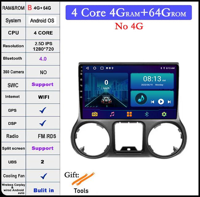 10.1 Inch Android 14 IPS QLED For Jeep Wrangler 3 JK 2011 - 2014 Car Video Stereo GPS Multimedia Player BT Carplay