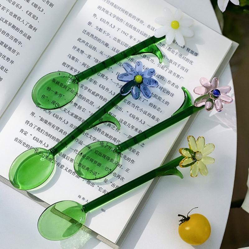 Transparent Glass Stirring Spoon With Elegant Flower Head Colored Stirrer For Coffee Tea Cocktails Head Resistant