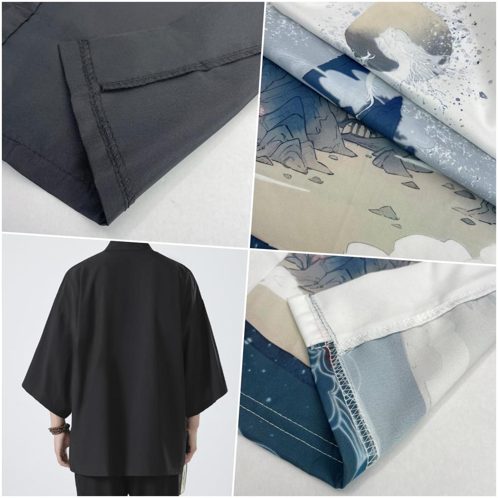 Summer Japanese White White [Lunari] Men's Japanese-style Cardigan, Hoodie, 3/4 Sleeve, Japanese-style, Casual, Yukata, Thin, Loose-fitting, Haori,