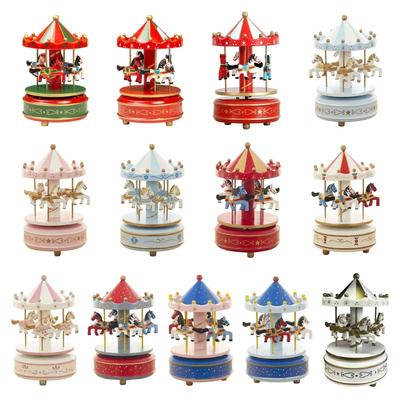 Handcrafted Wooden Rotating Carousels Music Box Ornament Hand Cranked Design For Christmas Home Tabletop Shelf Decors
