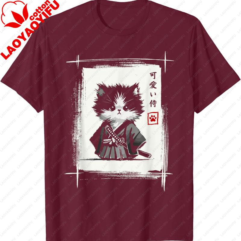 Harajuku Samurai Japanese Art Sumie Novelty Kawaii Funny Cat Unisex TShirt Lovely Printed Tshirt Tops Regular Short Sleeve