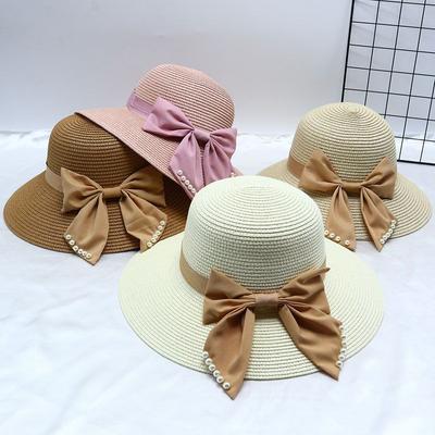 Foldable Elegant Straw Bucket Hat Elegant Pleated Bow Solid Color Sun Hats Breathable Outdoor Travel Beach Hats for Women Girls