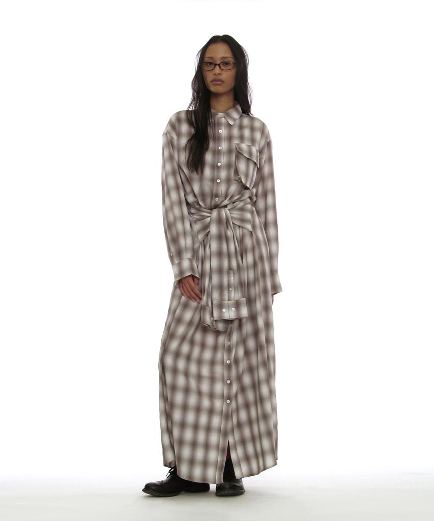 PARTIMENTO WOMEN Sleeve-Tie Shirt Maxi Dress_Beige Check