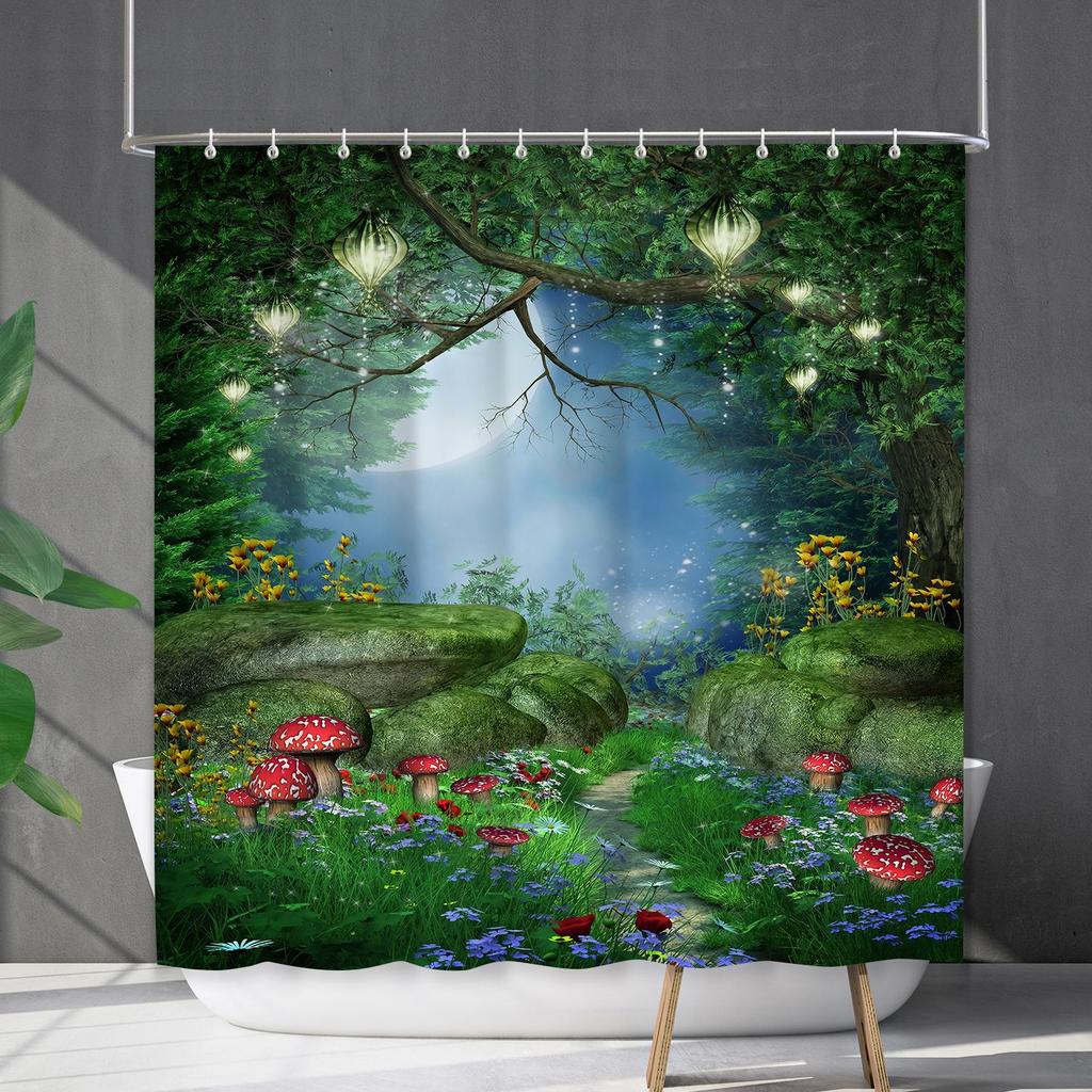 Bathroom Waterproof Curtain Digital Printing Plant Mushroom Shower Curtain Non-Punching Toilet Partition Curtain Shower Cloth