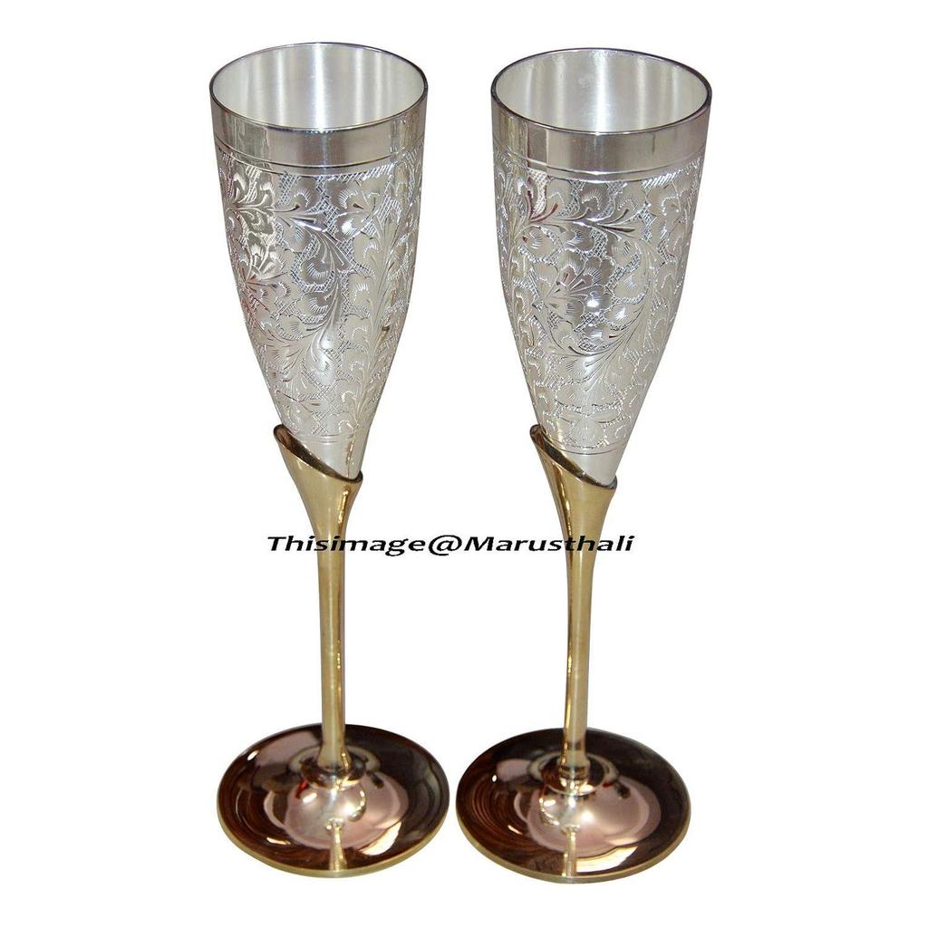 Silver Plated Brass Wine Goblet/Wine Glasses Set of 2 Pcs with Box Packing