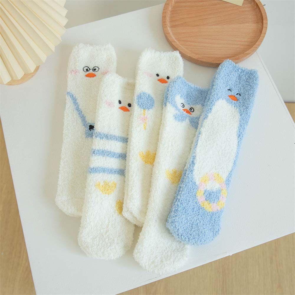 Duck Sleeping Socks Simple Sweet Female Hosiery Cute Floor Socks Coral Fleece Socks Mid-tube Socks
