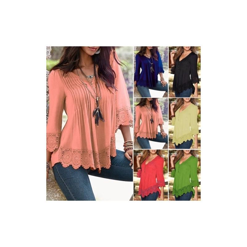 Premium Quality Women Ladies Casual Long Sleeve Lace Shirts Loose Blouses Plus Size