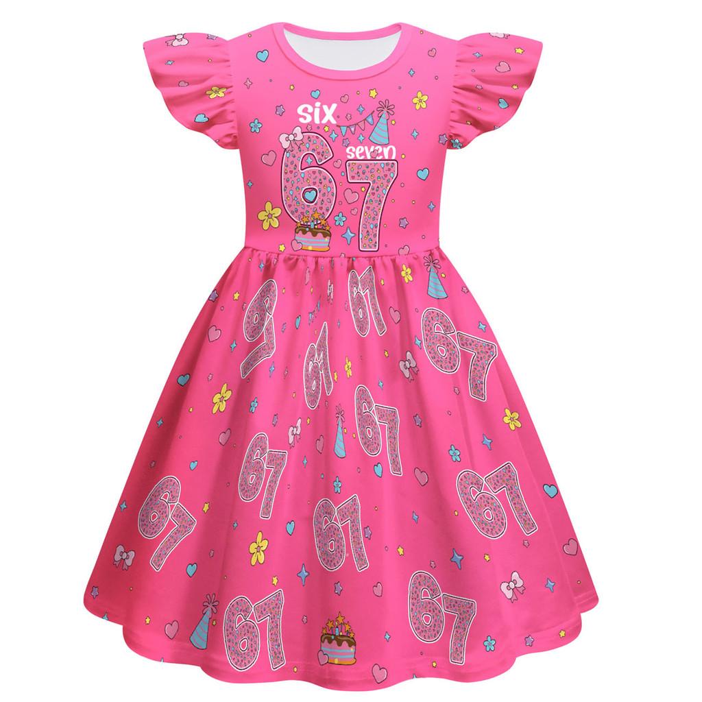82866 Kids Girls Steal a Brainrot 67 Print Ruffle Sleeveless Princess Dress