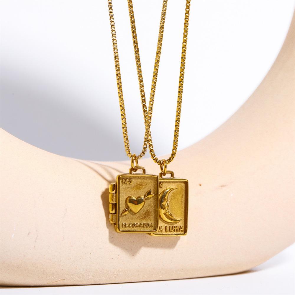 Stainless Steel Heart Photo Pendant Moon Sun Photo Album Necklace Vintage Couple Choker Chain  Gift
