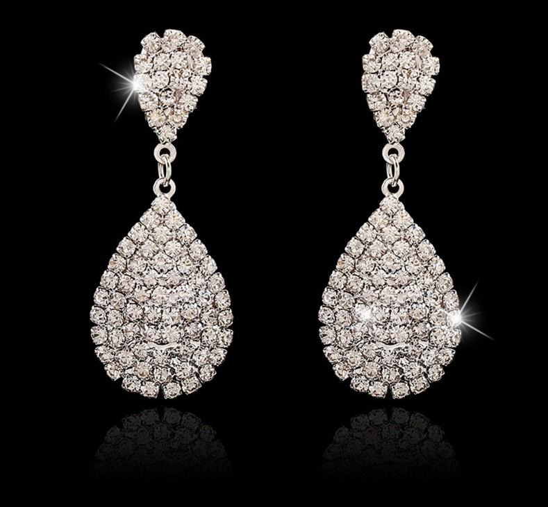 Stylish European  American Rhinestone Water Drop Stud Earrings