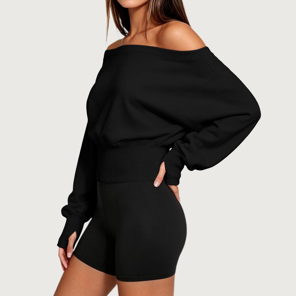 Women's Casual Off Shoulder Long Sleeve Sweatshirt with Thumbholes, Pullover Top for Everyday Wear