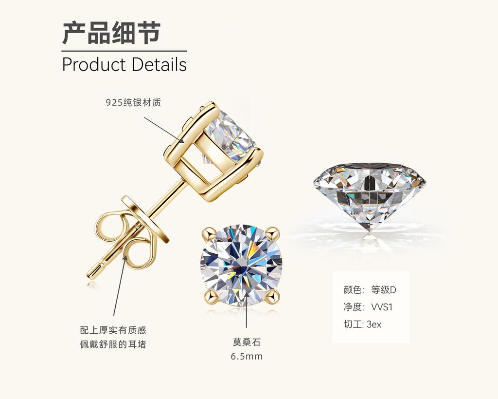 Silvere Glam Classic Four-pronged Moissanite Stud Earrings With A Niche Design For Women, S925 Sterling Silver Earrings