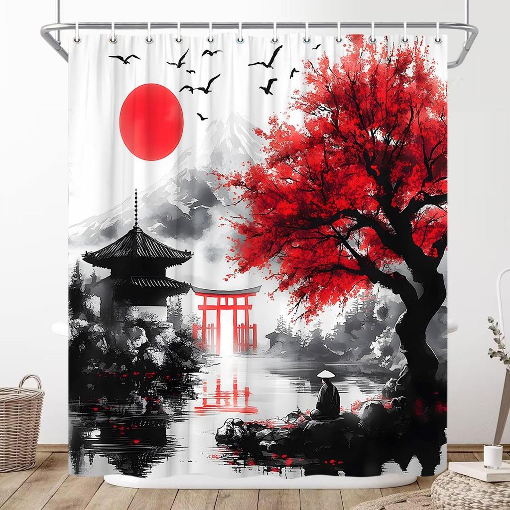 Asian Japanese Cherry Blossom Shower Curtain Rustic Farmhouse Floral Watercolor Oil Painting Flowers Anime Chinese Style Mountains Lakes Landscape