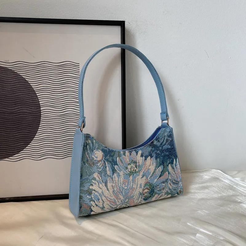 Fashion Vintage Women Oil Painting Design Shoulder Bags Ladies Simple Flower Female Armpit Hobos Bags
