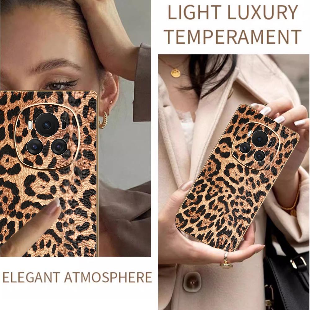 For Honor Magic6 5G Case Leopard Print PU Leather Coated PC+TPU Electroplating Phone Cover