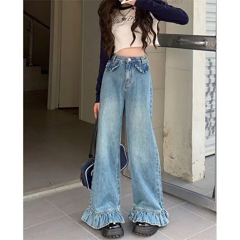 American Style High Waist Straight Leg Jeans with Playful Ruffles Trendy and Slim Fit