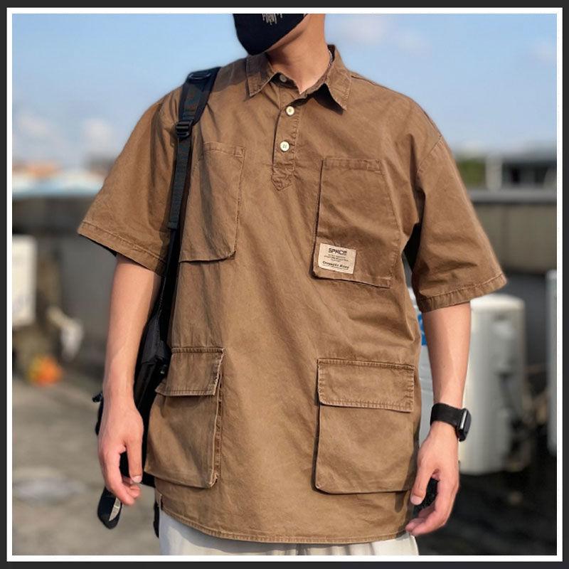Summer Japanese Polo Shirt Short Sleeved Polo Collar T-shirt Men's Trendy Brand High End Pi Shuai Multi Pocket Shirt Top