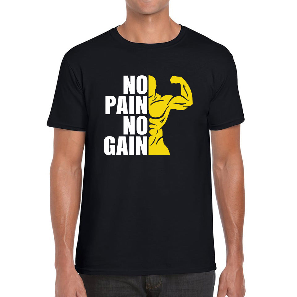 No Pain No Gain Gym Workout Fitness Bodybuilding Training Motivational Quote Muscle Body Flexing Mens Tee Top M