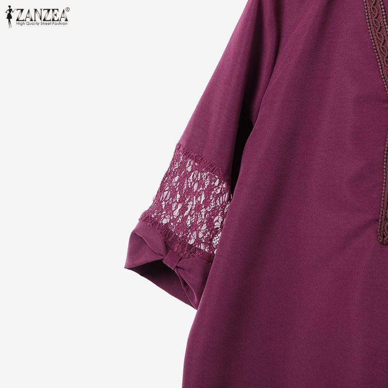 ZANZEA Women Lace Splice 3/4 Sleeve Casual V-Neck Blouse