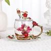 Enamel Transparent Glass Coffee Tea Mug Blue Roses Heat-Resistant Cup Set with Stainless Steel Spoon Coaster and Wipe Cloth