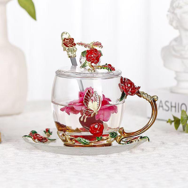 Enamel Transparent Glass Coffee Tea Mug Blue Roses Heat-Resistant Cup Set with Stainless Steel Spoon Coaster and Wipe Cloth