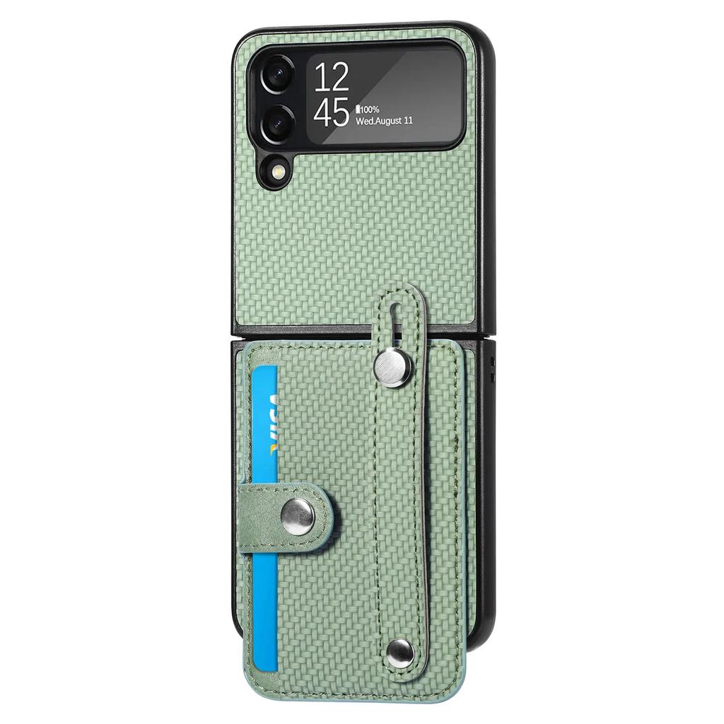 Cards Holder Wallet Wristband Case For Samsung Galaxy Z Flip 7 7FE 6 5 4 Flip6 5G Kickstand Carbon Fiber Shockproof Bag Cover