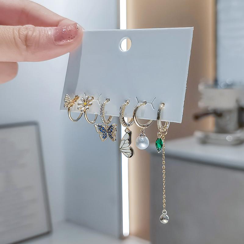 ANENJERY 6 pieces/set Zircon Butterfly Flower Hoop Earrings Set Shiny Light Luxury Sweet Jewelry