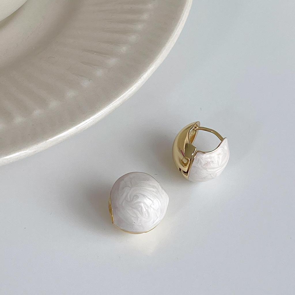 3D White Enamel Ball Earrings: Korean Style, High-End Feel, Niche Design for Women.