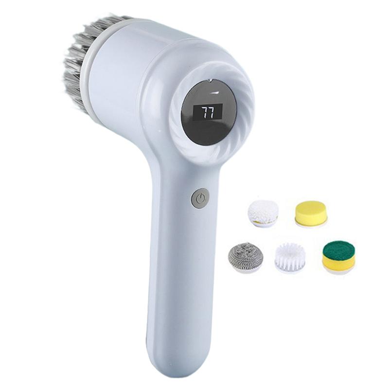 Good-For Kitchen Sink Bathroom Shower Tile Dish Scrubber Brush Electric Scrubber With 5 Brush Heads WHITE
