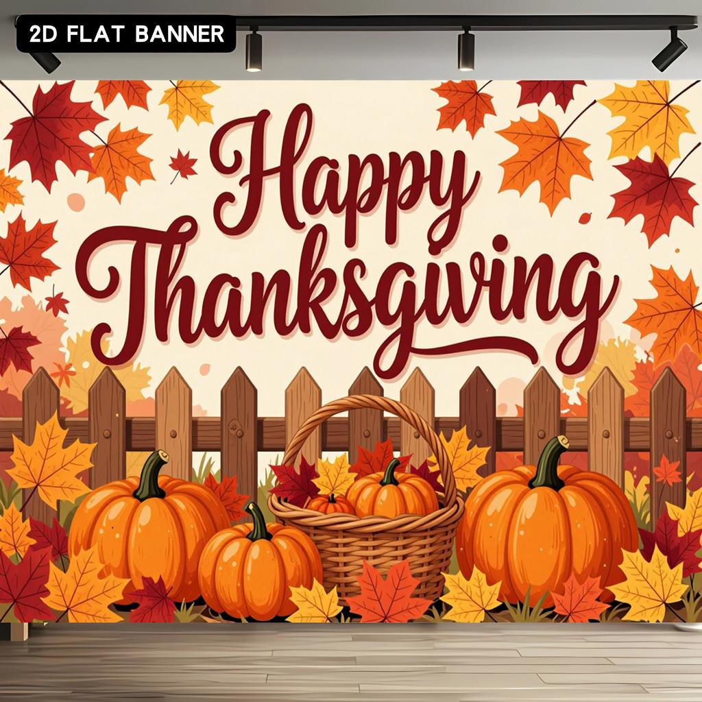 2D flat banner 1 piece - Thanksgiving autumn party background fabric pumpkin fruit basket maple leaveszyc