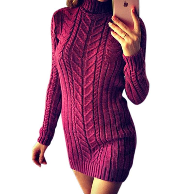 Winter And Autumn Fashion Long Sleeve High Collar Twist Slim Sweater Dress