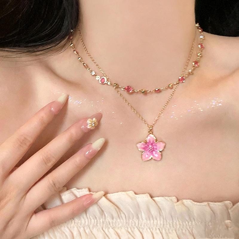 Flower Pendant Layered Necklace Gold Plated Colorful Chain Choker Y2K Aesthetic Jewelry For Women
