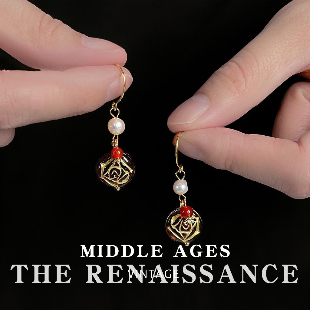 

Medieval freshwater pearl glazed rose flower earrings retro literary niche court style earrings