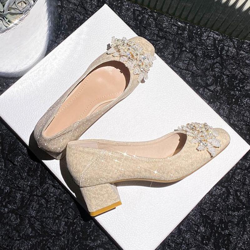 

Модные Элегантные Французские Туфли-Лодочки на Низком Каблуке Женские Весенне-Осенние Нового Стиля Квадратный Носок Слипоны Толстый Каблук Под Юбки Свадебные Новые 34