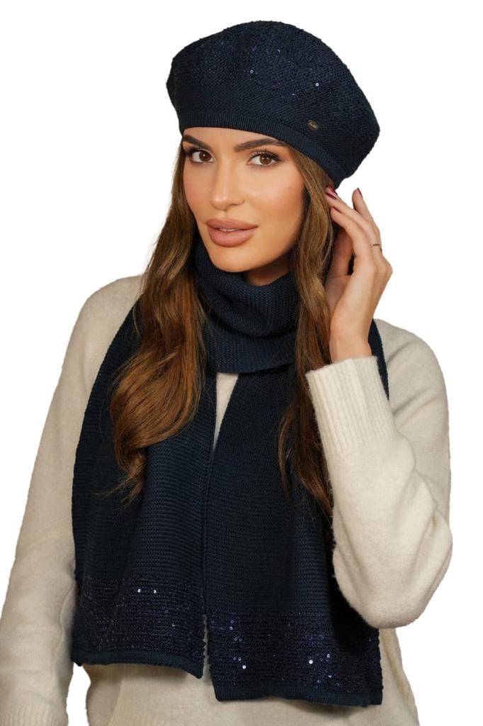 Peony Beret and Scarf Set with Sequins, Navy Blue