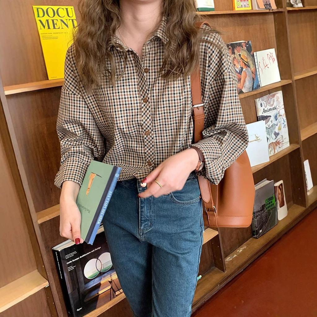 Plaid Shirts Women Retro Turn-down Collar Blouses All-match Straight Hong Kong Style Button Up Elegant Long Sleeve Outwear Femme
