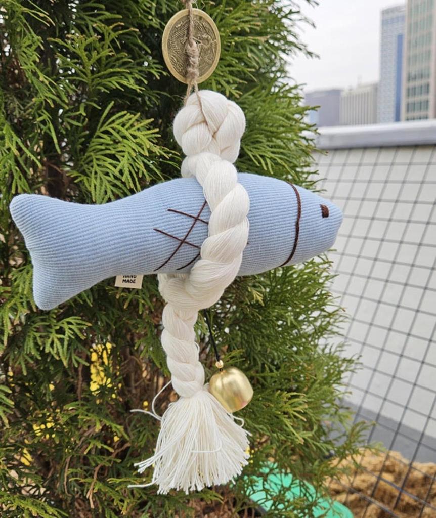 Korean Blue Myeongtae Lucky Charm Doll – Fabric Dried Pollock Ornament for Protection & Good Fortune