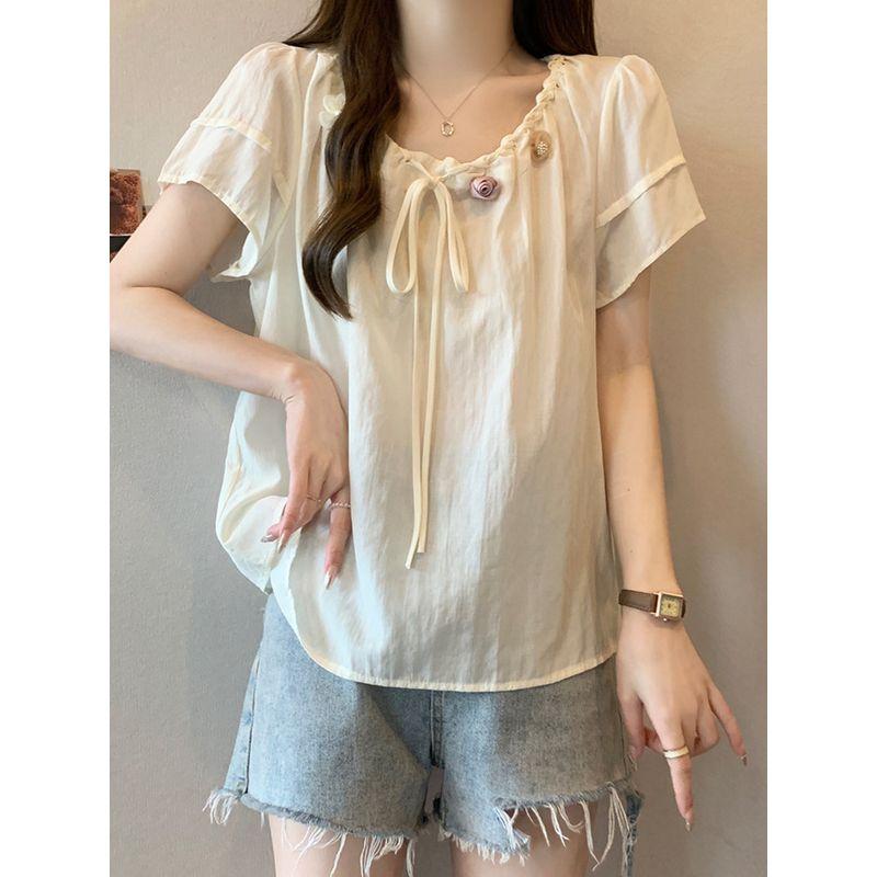 Plus Size Women's French Belly Covering Classic Style Short Sleeve Shirt Female Summer Fat Sister Loose Slimming Chiffon Top