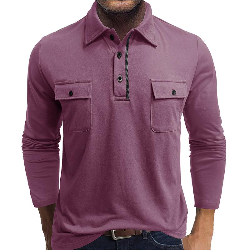 Men's Long Sleeve Polo Shirt with Button-Down Collar and Chest Pockets, Multiple Colors