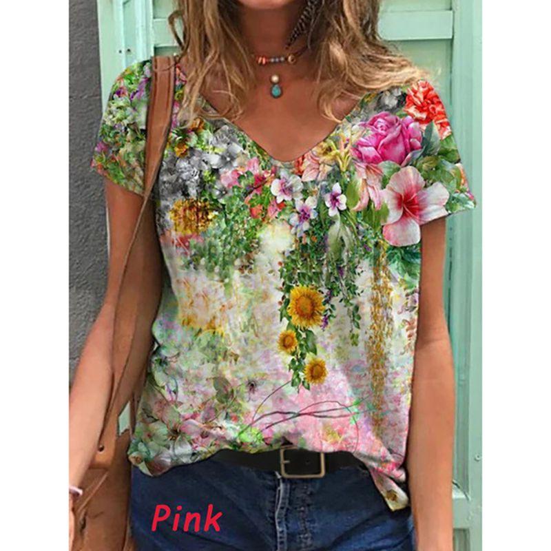 

Neck V Womens Short Sleeve Blouse Casual Baggy Tshirt Tunic Tops Plus Tees Size 4XL рожевий