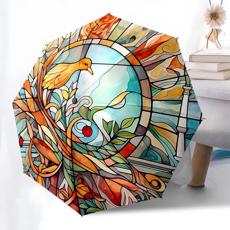 

1pc Stained Glass Bird Design Automatic Folding Umbrella - Portable 3-Fold Design with Iron Frame, Perfect for Outdoor Use, Festive Gifts, Travel, Dai
