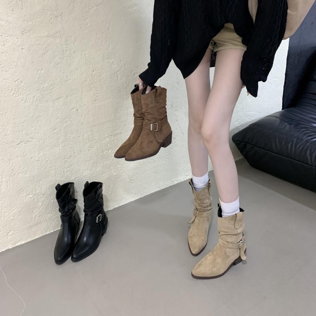 Thick Heel Martin Boots Women's Autumn and Winter Short Boots 2025 New High Heel Boots French Retro Short Boots Pleated Stacking Boots
