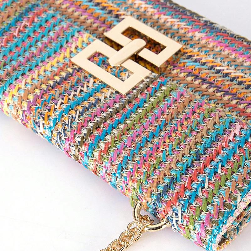 New Vacation Style Multi Layered Chain Flip Lock Straw Woven Bag Shoulder Bag
