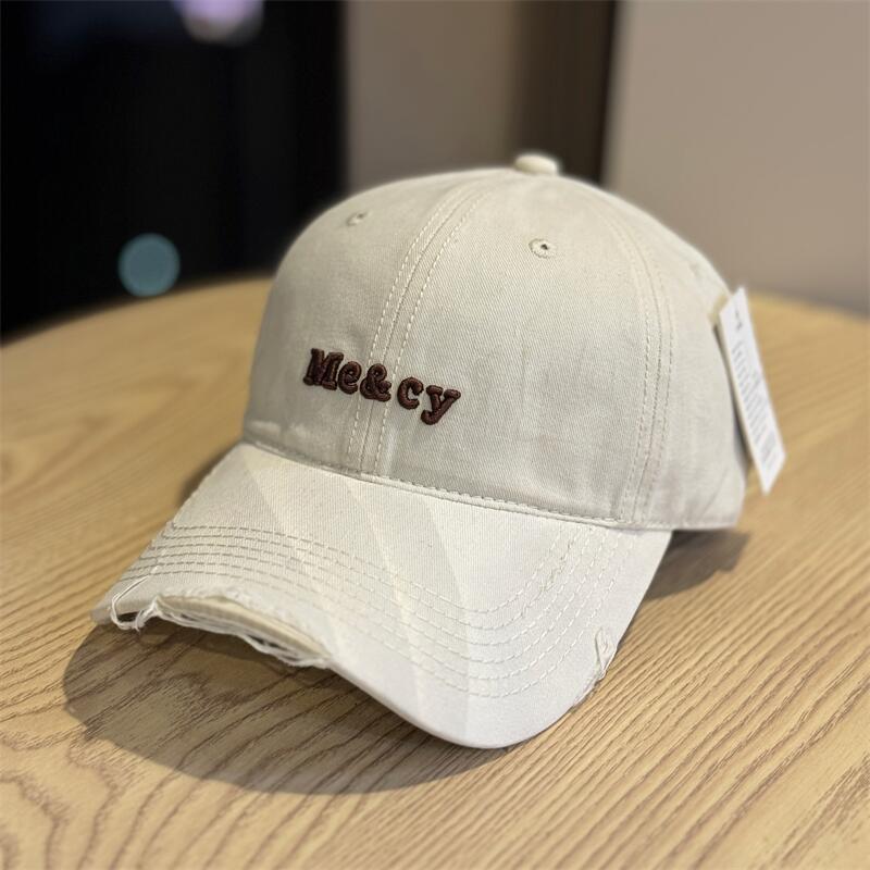 Fashion Hat Korean Style Washed Distressed Letter Embroidered Baseball Cap for Women, Large Head Wrap, Wide Brim, Big Face Flattering Duckbill Cap